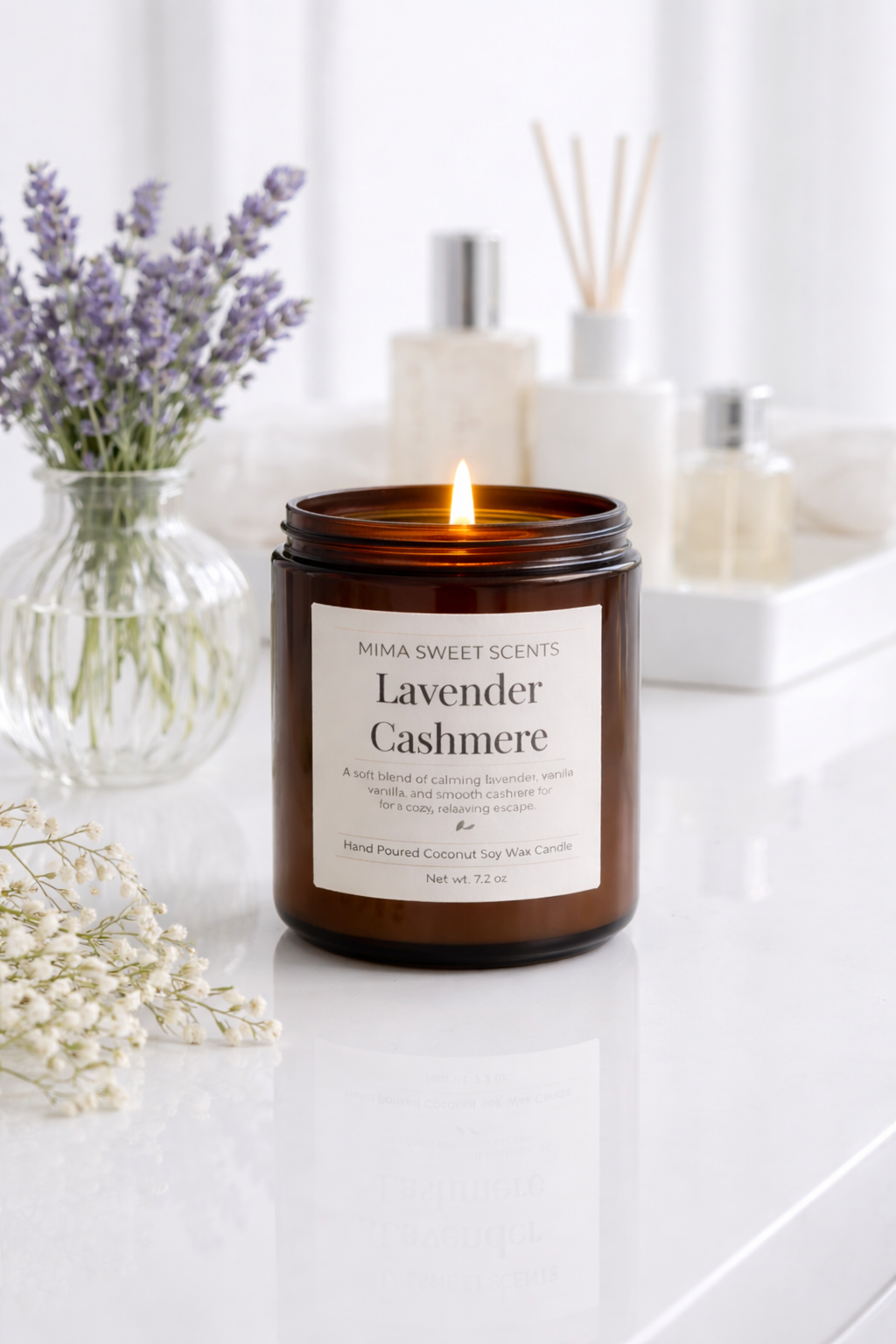 "Lavender Cashmere Candle - Lavender, Cashmere Cream & Vanilla by Mima Sweet Scents 8oz"