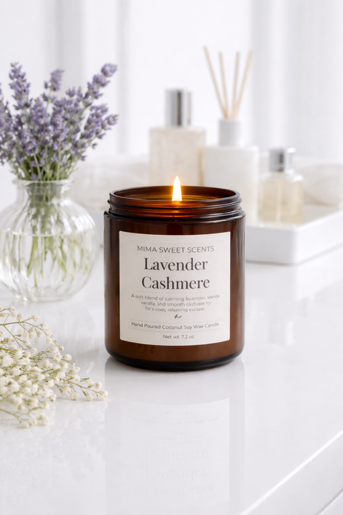 "Lavender Cashmere Candle - Lavender, Cashmere Cream & Vanilla by Mima Sweet Scents 8oz"