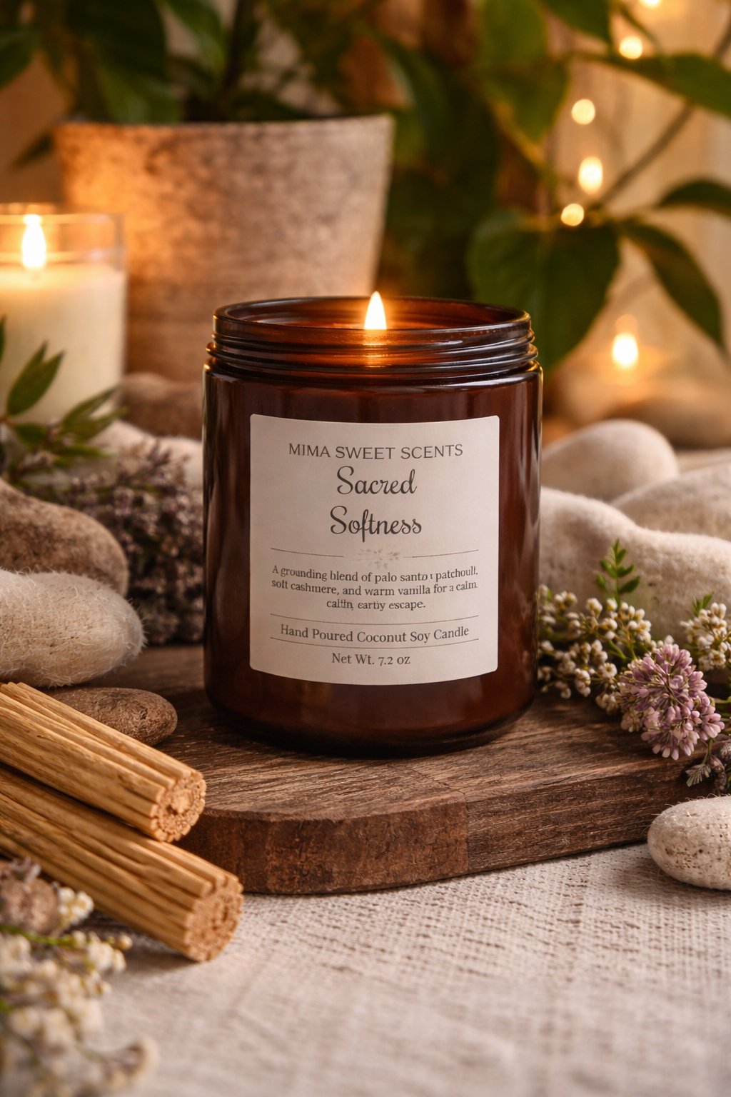 "Sacred Softness Candle - Palo Santo, Patchouli & Cashmere Cream by Mima Sweet Scents 8oz"