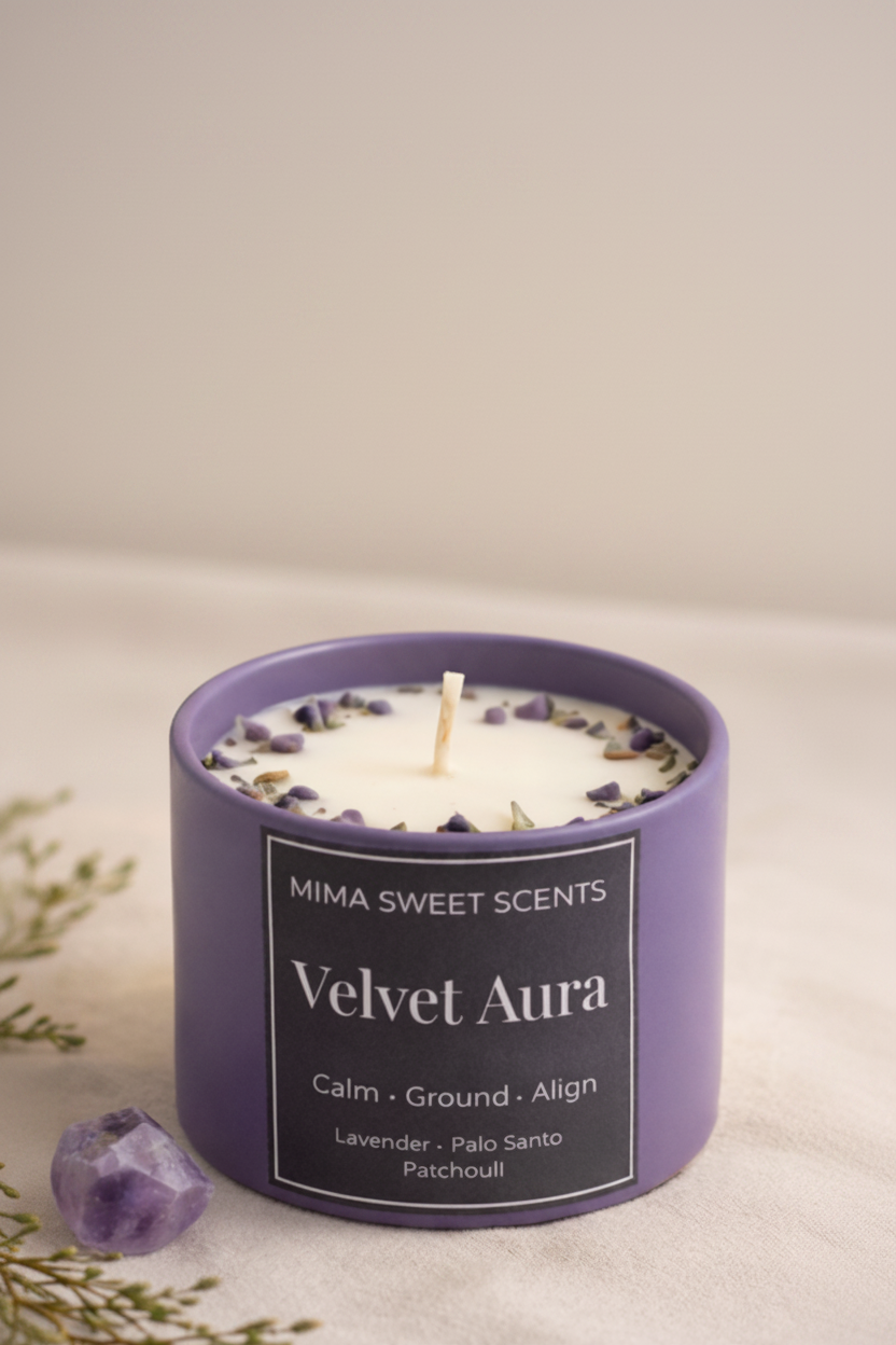 "Velvet Aura Candle - Palo Santo, Patchouli & Cashmere Cream in Amethyst Tumbler by Mima Sweet Scents 7oz"